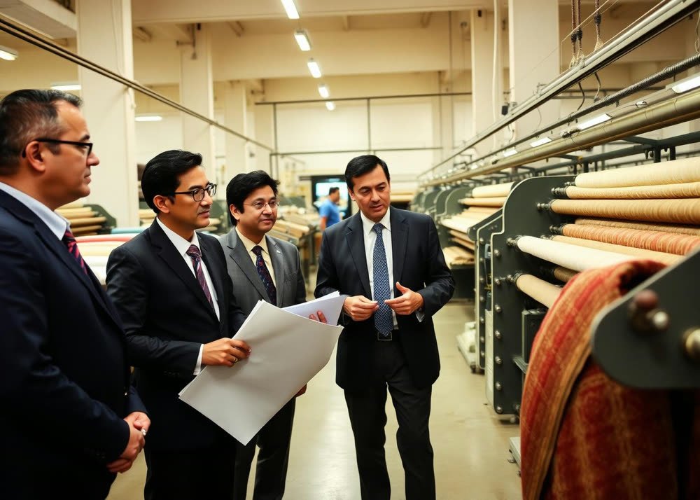 Business meeting on a textile factory floor