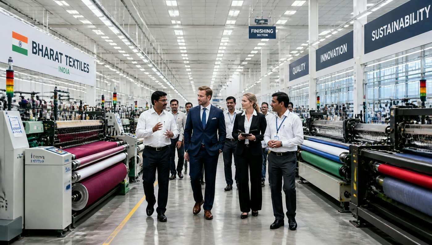 Overseas buyers touring a textile factory floor in India